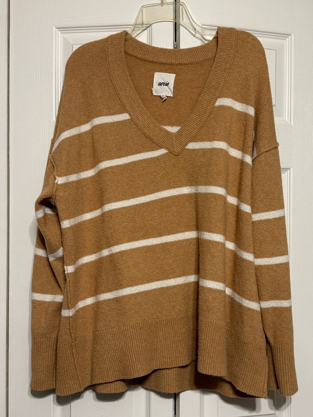 aerie Camel and White Striped V-Neck Sweater